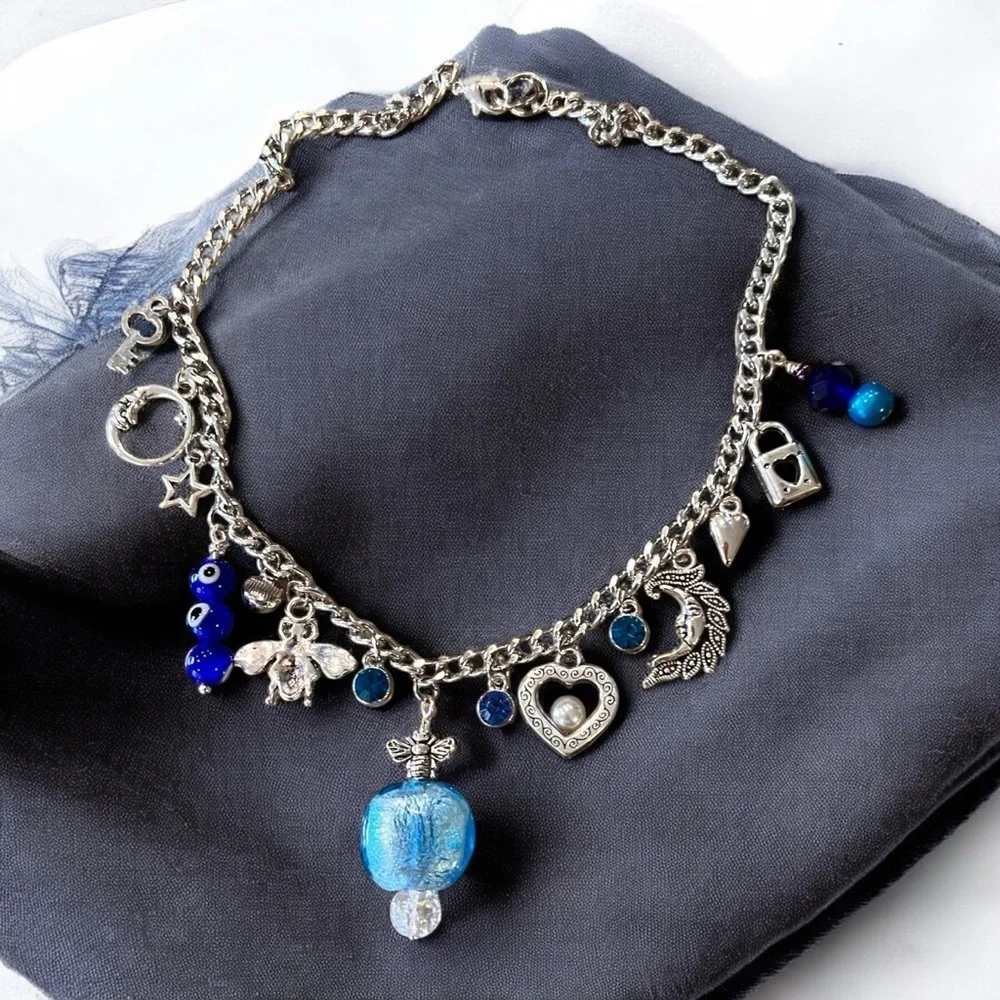 Fun and Pretty Silver and Blue Toned Charm Necklace Vintage and New Charms